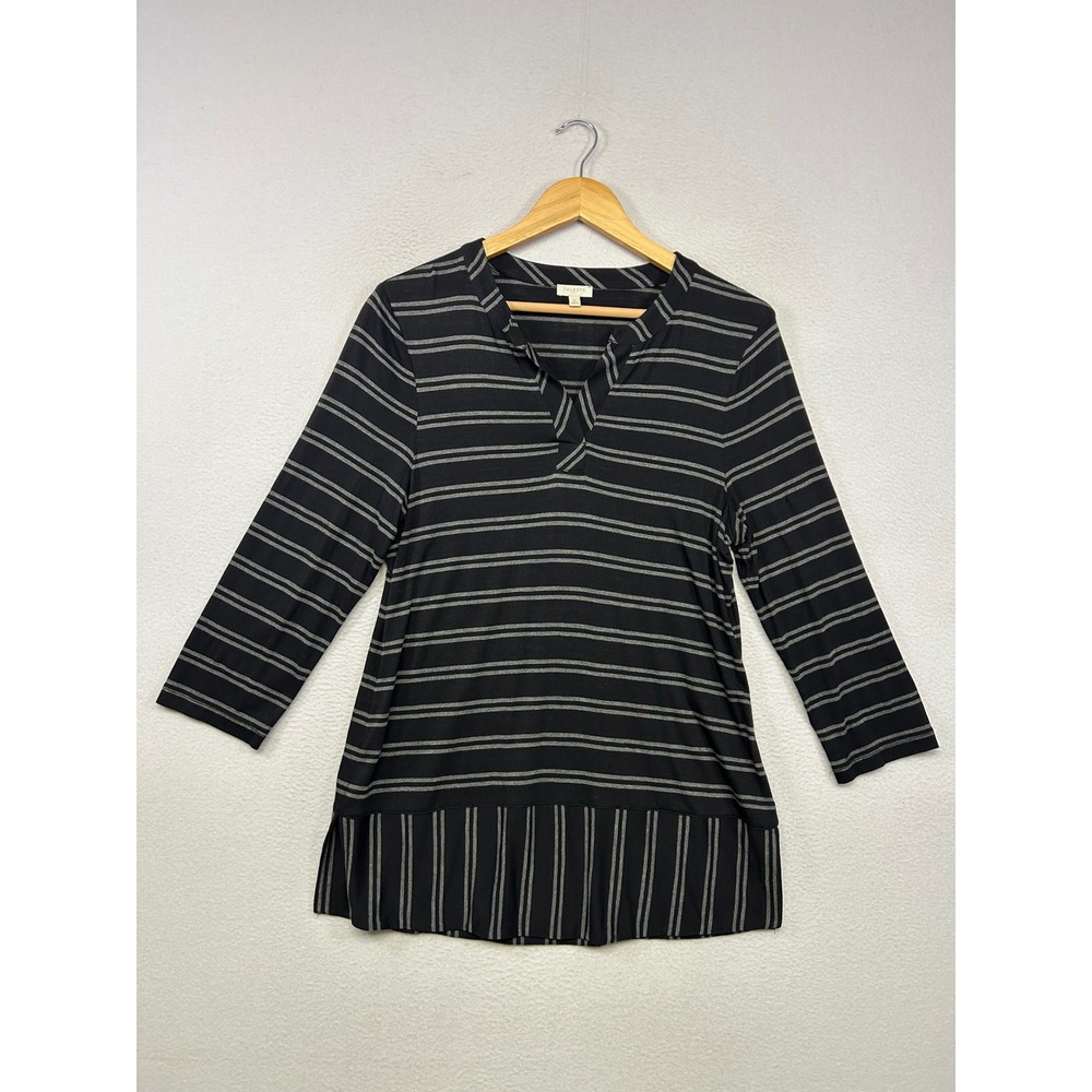 Dark Academia Talbots Womens Size M Black Gray Striped Split Neck Tunic Top
